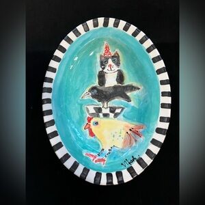Chicken Crow Cat Handmade Ceramic Large Original Oval Platter 16.5”x13”OOAK